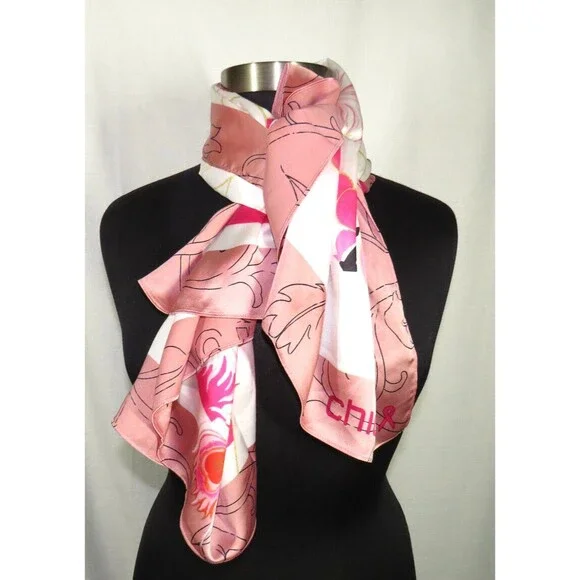 Chico's Scarf Living Beyond Breast Cancer Pink Floral Bird Satin - Picture 2 of 6